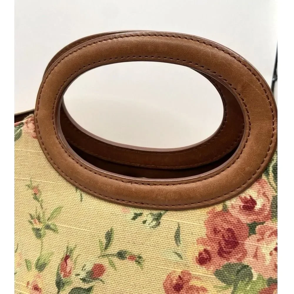 Fossil‎ Floral Canvas Top Handle Satchel Bag w/ Leather Trim & Strap